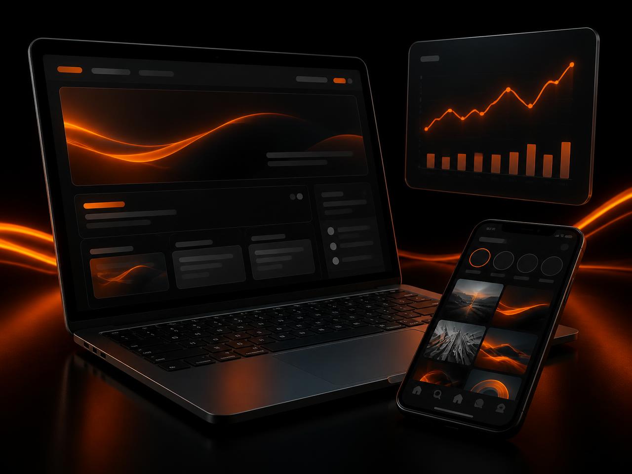 Laptop showing a modern business website with Instagram profile and Meta ads dashboard